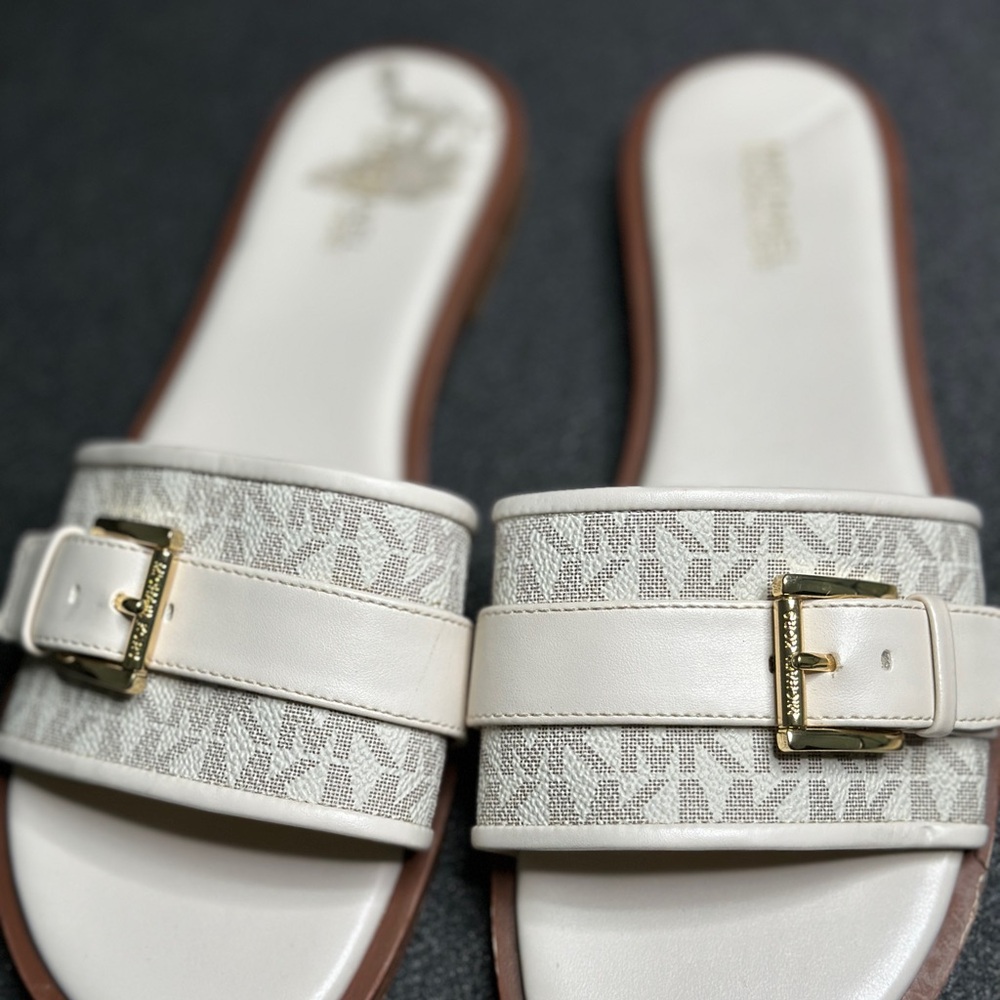 Michael Kors White and Gold Slide Sandals